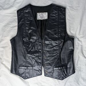 Woman's Black Leather Vest with Snap Closure - Made In Canada